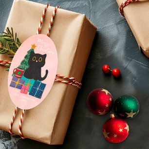 Merry Christmas Pink Cute Black Cat Christmas Tree Oval Sticker
