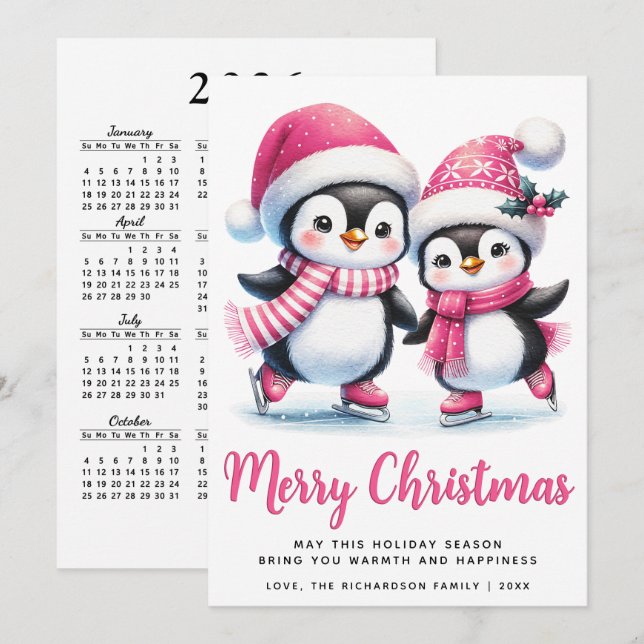 Merry Christmas Pink Cute Ice Skating Penguins Holiday Card (Front/Back)