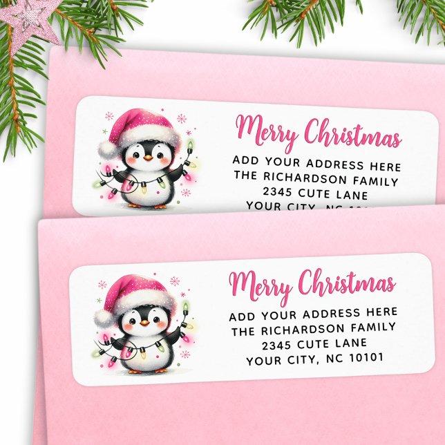 Merry Christmas Pink Cute Penguin with Lights Label (Creator Uploaded)