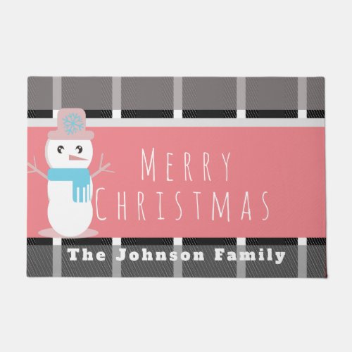 Merry Christmas Pink Cute Snowman Family Name Doormat