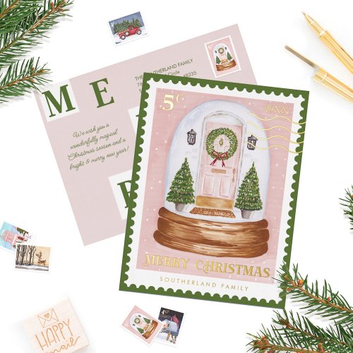 Merry Christmas Pink Door Snowglobe Postage Stamp Foil Holiday Postcard