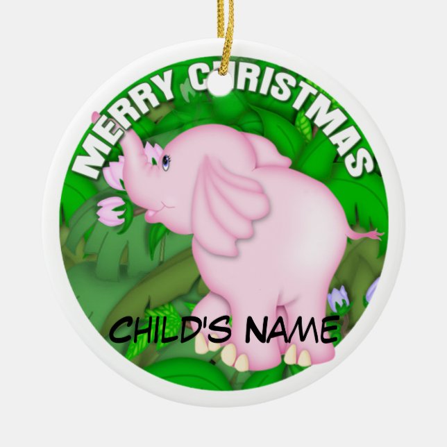 Merry Christmas Pink Elephant Ceramic Ornament (Front)