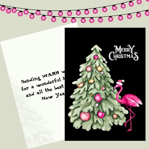 Merry Christmas Pink Flamingo and Pastel Tree Holiday Card