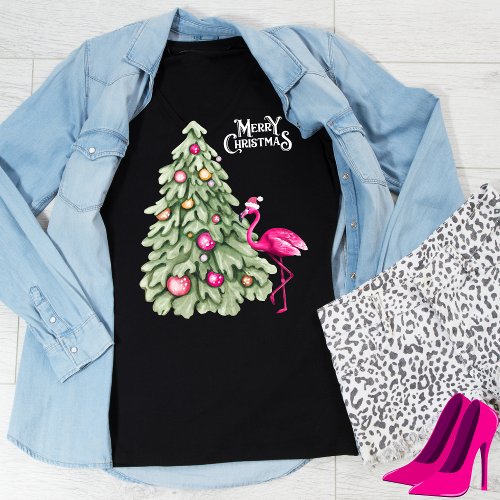 Merry Christmas Pink Flamingo and Pastel Tree T_Shirt
