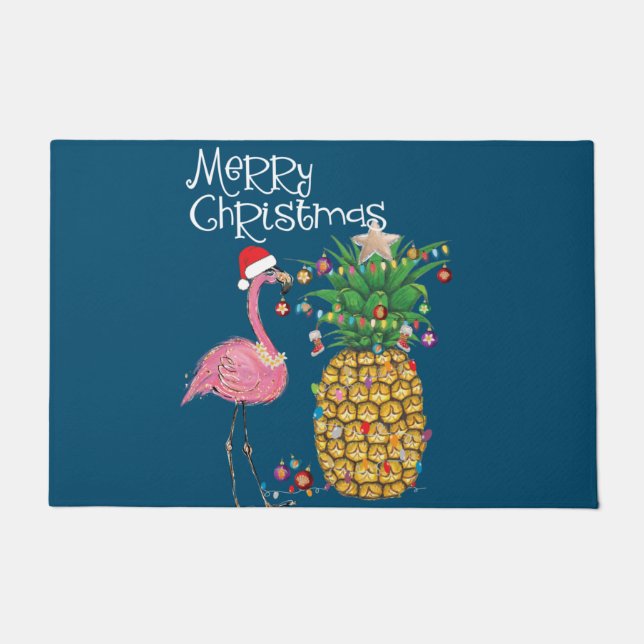 Merry Christmas Pink Flamingo Christmas Doormat (Front)