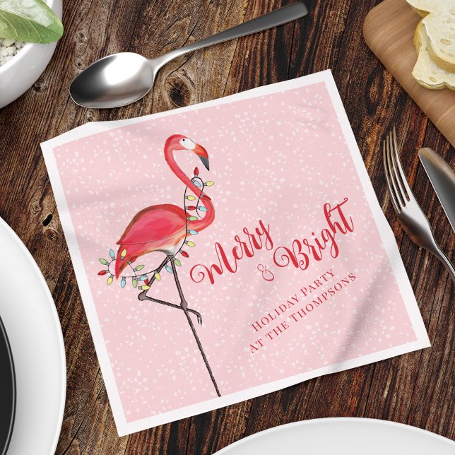 Merry Christmas Pink Flamingo Custom Napkins (Cute Christmas Merry and Bright pink flamingo holiday lights.)