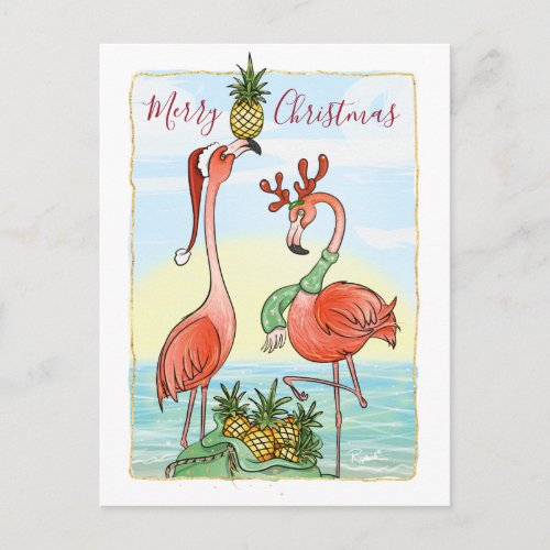 Merry Christmas Pink Flamingo Hawaiin Pineapple Announcement Postcard