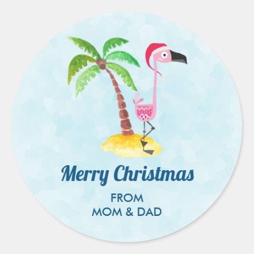 Merry Christmas Pink Flamingo in a Red Santa Hat Classic Round Sticker