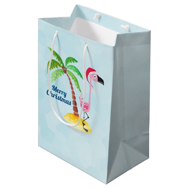 Merry Christmas Pink Flamingo in Santa Hat Medium Gift Bag (Front Angled)