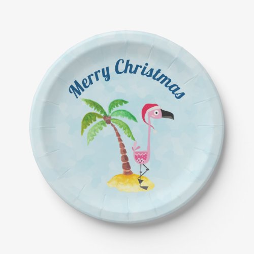Merry Christmas Pink Flamingo in Santa Hat Paper Plates