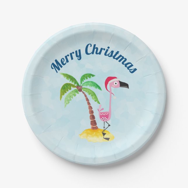 Merry Christmas Pink Flamingo in Santa Hat Paper Plates (Front)
