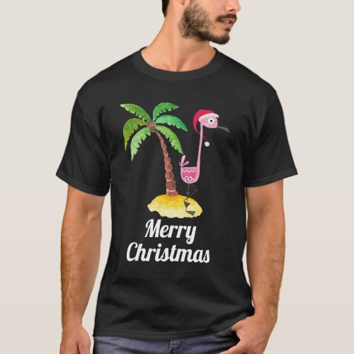 Merry Christmas Pink Flamingo in Santa Hat T_Shirt