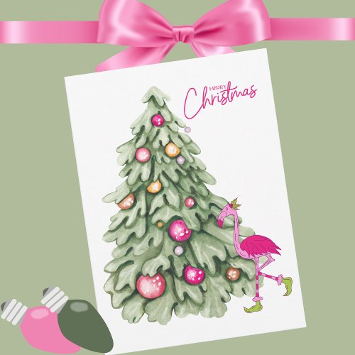 Merry Christmas Pink Flamingo Pastel Tree Holiday Card