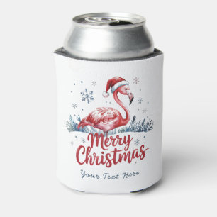 Merry Christmas Pink Flamingo Personalized Can Cooler