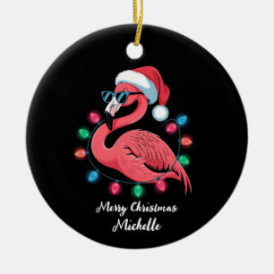 Merry Christmas Pink Flamingo Personalized Ceramic Ornament