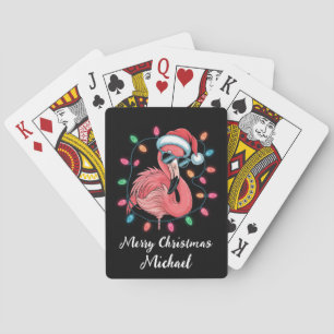 Merry Christmas Pink Flamingo Personalized Poker Cards