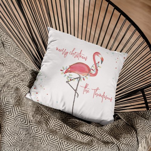 Merry Christmas Pink Flamingo Personalized Throw Pillow