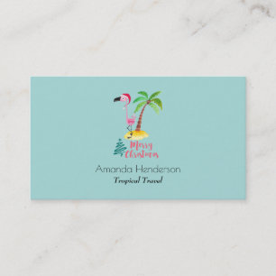 Merry Christmas Pink Flamingo With Palm Tree Business Card