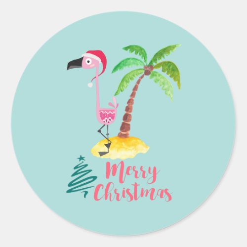 Merry Christmas Pink Flamingo With Palm Tree Classic Round Sticker