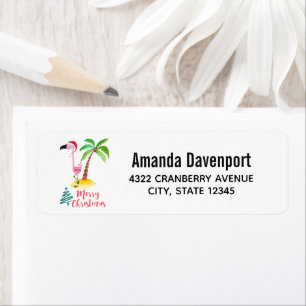 Merry Christmas Pink Flamingo With Palm Tree Label