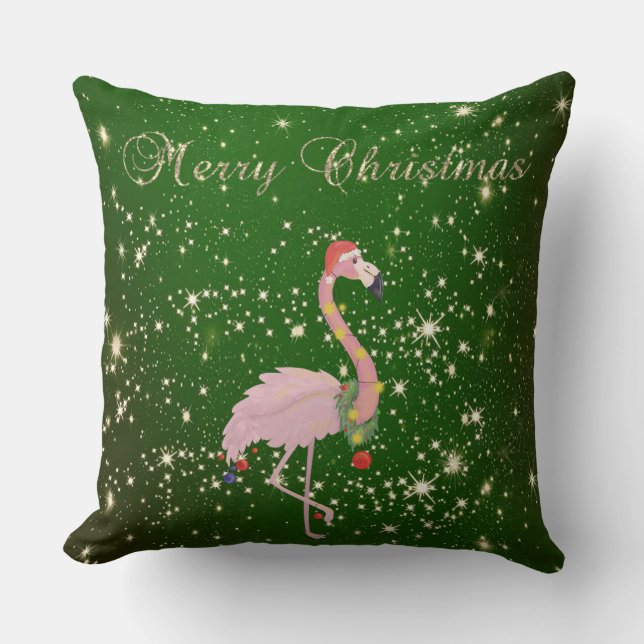 Merry Christmas,Pink Flamingo With Santa Hat,Green Throw Pillow (Front)
