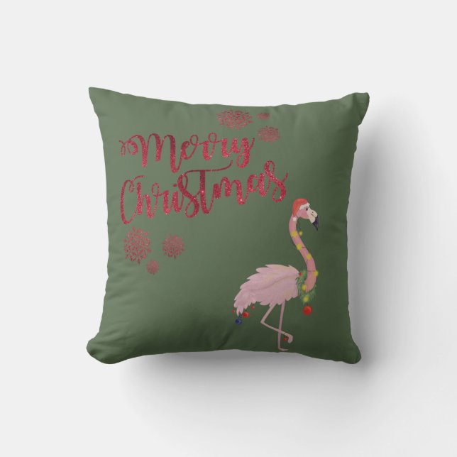 Merry Christmas, Pink Flamingo  With Santa Hat Throw Pillow (Front)