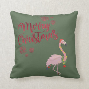 Merry Christmas, Pink Flamingo  With Santa Hat Throw Pillow