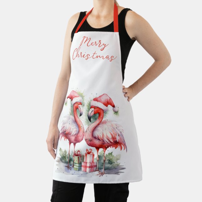 Merry Christmas Pink Flamingos Apron (Insitu)
