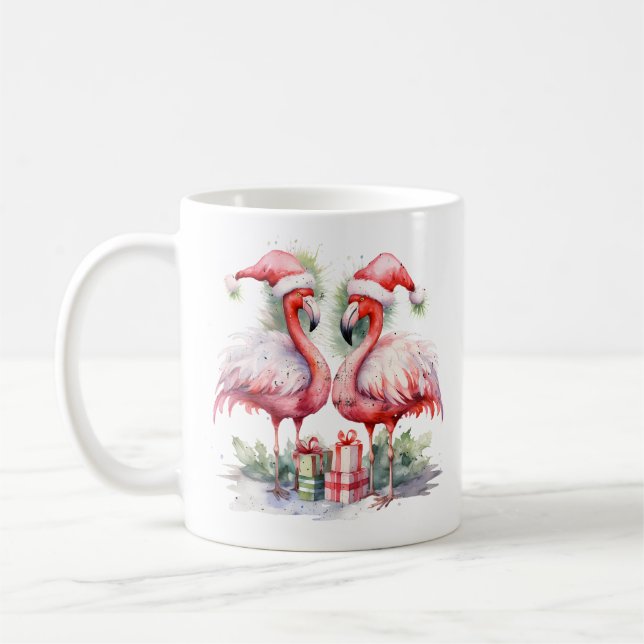 Merry Christmas Pink Flamingos Coffee Mug (Left)