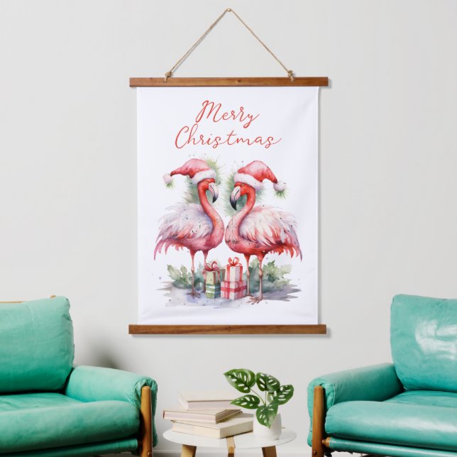 Merry Christmas Pink Flamingos Hanging Tapestry (Living Room)