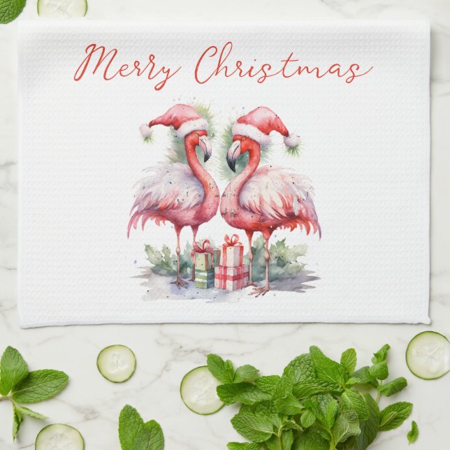 Merry Christmas Pink Flamingos Kitchen Towel (Folded)