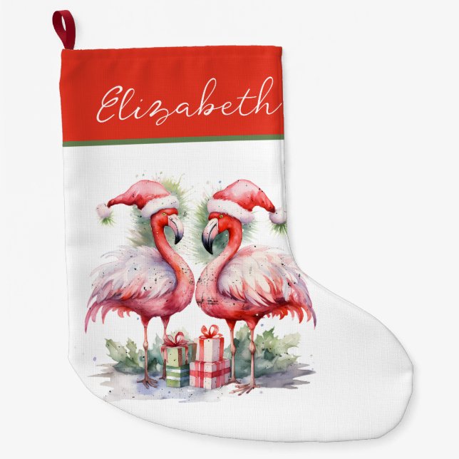 Merry Christmas Pink Flamingos Large Christmas Stocking (Front)