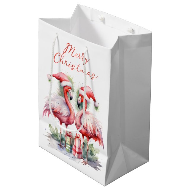 Merry Christmas Pink Flamingos Medium Gift Bag (Front Angled)
