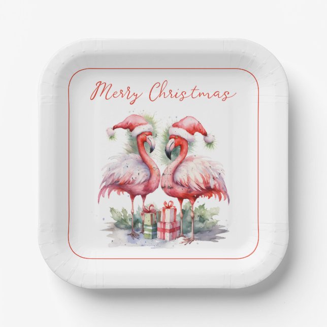 Merry Christmas Pink Flamingos Paper Plates (Front)