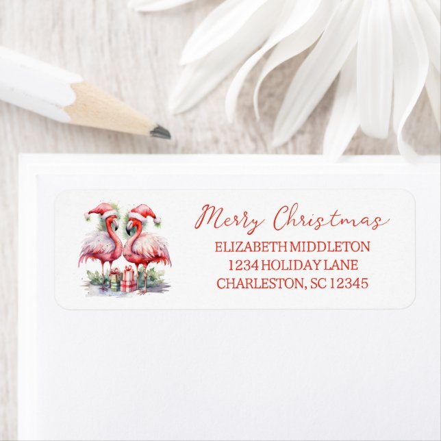 Merry Christmas Pink Flamingos Return Address Label (Insitu)