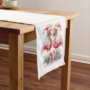 Merry Christmas Pink Flamingos Short Table Runner
