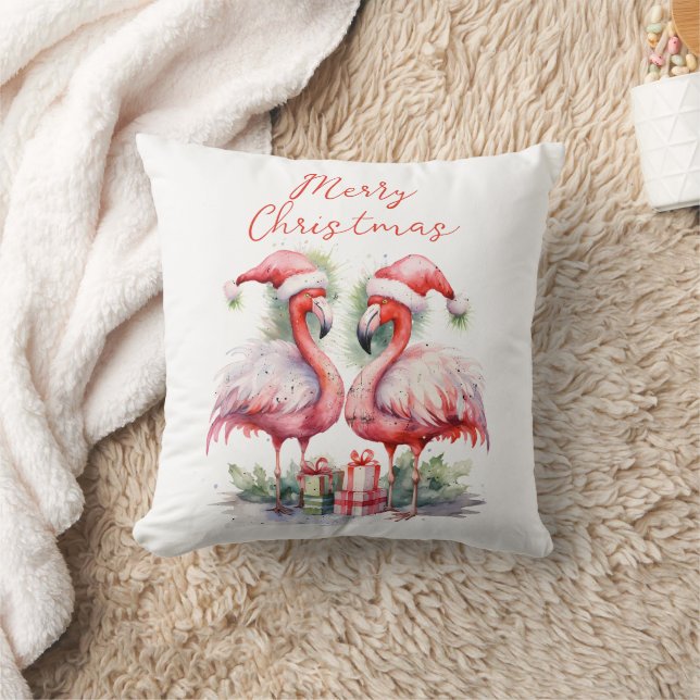 Merry Christmas Pink Flamingos Throw Pillow (Blanket)