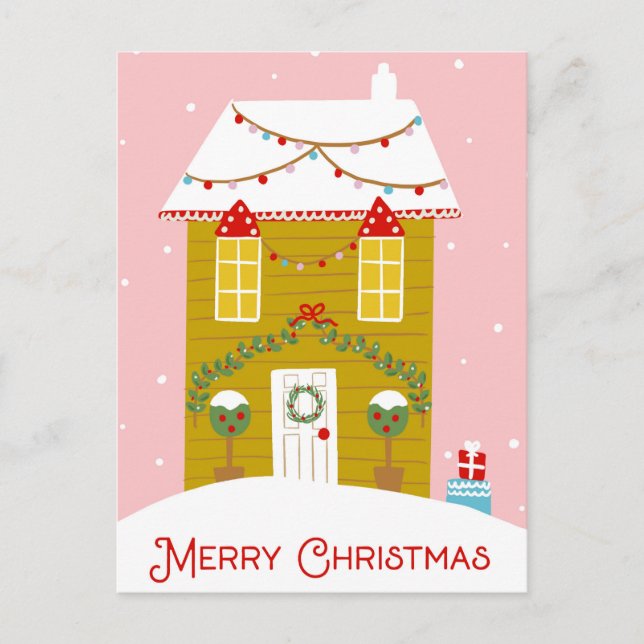 Merry Christmas Pink Gingerbread House Card (Front)