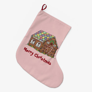 Merry Christmas Pink Gingerbread House Holiday Large Christmas Stocking
