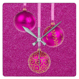 Pink Christmas Bauble Art Wall Décor Zazzle Merry Christmas Pink Glitter Baubles Elegant Square Wall Clock