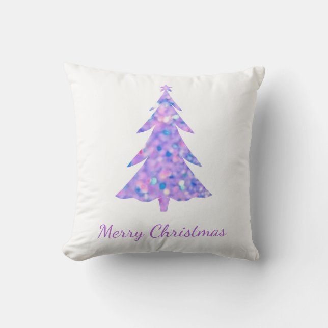 Merry Christmas, Pink glitter Christmas tree Throw Pillow (Front)