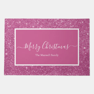 Merry Christmas pink glitter family name Door Doormat
