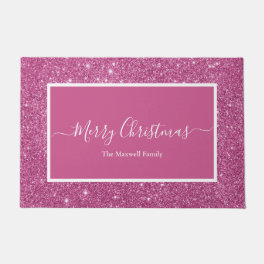 Merry Christmas pink glitter family name Door Doormat
