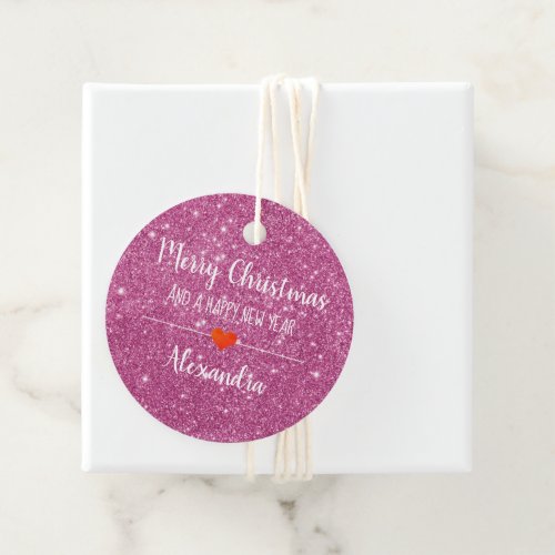 Merry Christmas pink glitter name Favor Tag
