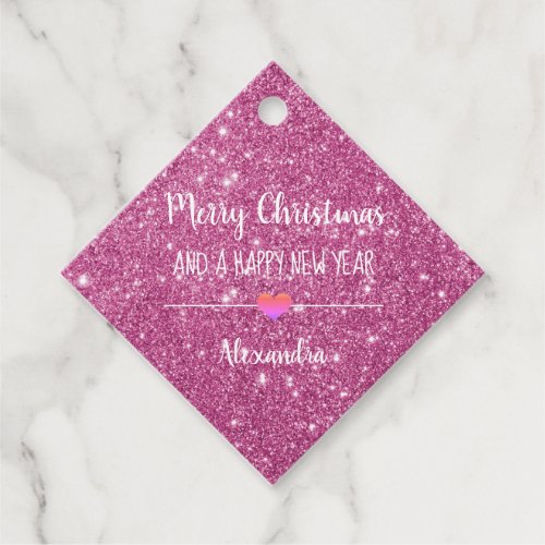 Merry Christmas pink glitter name Favor Tags