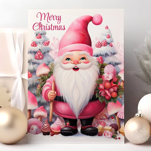 Merry Christmas Pink Gnome Whimsical Holiday Card