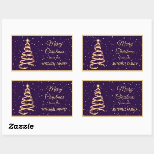 Merry Christmas Pink  Gold Ribbon Tree Rectangular Sticker