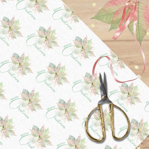 Merry Christmas Pink Gold Sage Pastel Poinsettia Tissue Paper