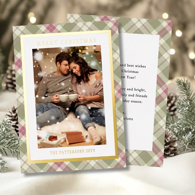 Merry Christmas Pink Green Plaid Tartan Photo Foil Holiday Card (Creator Uploaded)