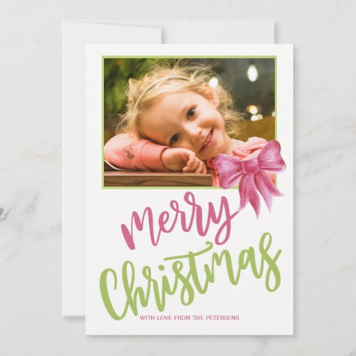Merry Christmas pink green script photo Holiday Card